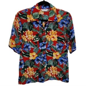 Vtg 90s Sellecca Women's 8 Red 100% Silk Button Up Blouse Hawaiian Tropical